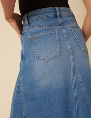 Orta Ton Yıkamalı Denim A Kesim Midi Boy Etek