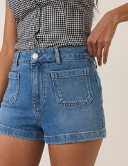 Mavi Cepli Ön Denim Şort