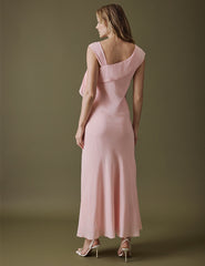 Yumuşak Pembe Asimetrik Neckline Midi Boy Gardenia Elbise