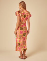 Sarı Patchwork Desenli Layla Midi Boy Elbise