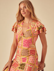 Sarı Patchwork Desenli Layla Midi Boy Elbise