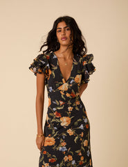 Siyah Çiçek Desenli Fırfır Kollu Layla Midi Boy Elbise