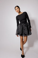 Siyah Uzun Kollu Organza Poppy Mini Boy Elbise