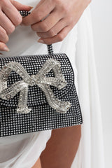 Dekoratif Metalik Fiyonk Detaylı Işıltılı Taşlı Clutch Çanta - Siyah