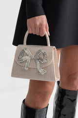 Dekoratif Metalik Fiyonk Detaylı Işıltılı Taşlı Clutch Çanta - Şampanya