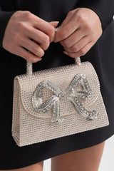 Dekoratif Metalik Fiyonk Detaylı Işıltılı Taşlı Clutch Çanta - Şampanya