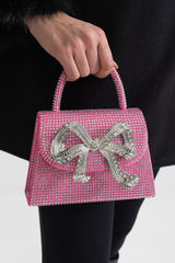 Dekoratif Metalik Fiyonk Detaylı Işıltılı Taşlı Clutch Çanta - Pembe