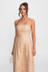 Tam A Kesim Etek Detaylı Askısız Çiçekli Dantel Ballgown - Altın