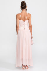 Düşük Bel Detaylı Korse Üst Beden Şifon Abiye Elbise - Pembe