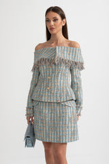 Omuzları Açık Üst ve Uyumlu Mini Etek Detaylı Ekose Tüvit Takım - Mavi