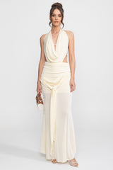 Büzgülü Yan Bağlama Detay Drapeli Boyundan Bağlamalı Abiye Elbise - Fildişi