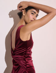 Bordo Kadife Margot Midi Boy Elbise
