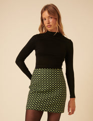 Belverosa X Lisou Siyah ve Lime Yeşil Jakarlı Checkerboard Mini Etek