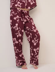 Bordo Fiyonklu Desenli Pijama Takımı
