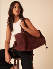 Kahverengi Fitilli Kadife Holdall Çanta