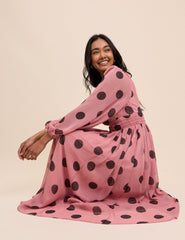 Pembe Puantiyeli Balon Kollu Anya Midi Boy Elbise