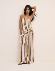 Çok Renkli Çizgili Uzun Kesim Keten Ağırlıklı İnce Askılı Bluz