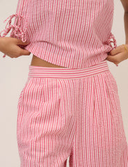 Pembe İnce Çizgili Geniş Paça Pantolon