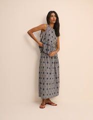 Lacivert Pötikareli Yan Bağlamalı Dökümlü Bluz