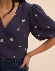 Lacivert Çiçek İşlemeli Balon Kollu Bluz