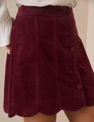 Bordo Fitilli Kadife Dalgalı Kenarlı Mini Etek