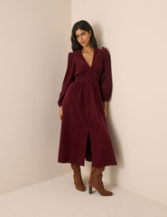 Bordo Fitilli Kadife Gipeli Bel Riley Midi Boy Elbise