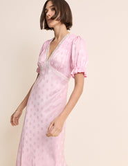 Pembe Puantiyeli Saten Balon Kollu Angela Midi Boy Elbise