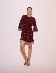 Bordo Gökyüzü Desenli İşlemeli Fleur Mini Boy Elbise