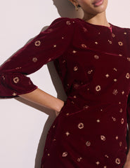 Bordo Gökyüzü Desenli İşlemeli Fleur Mini Boy Elbise