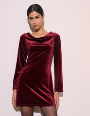 Bordo Dökümlü Yaka Kadife Leighton Mini Boy Elbise