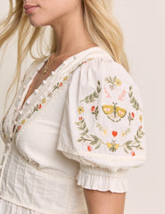 Beyaz İşlemeli Balon Kollu Peplum Bluz