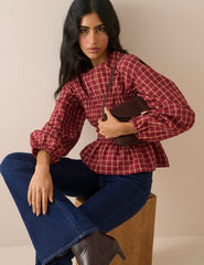 Kırmızı Kareli Gipeli Peplum Bluz