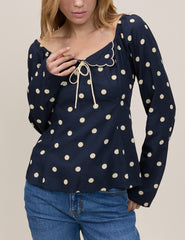 Lacivert Polka Fiyonklu Bluz