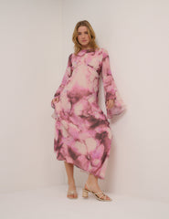 Pembe Çiçek Desenli Phoenix Maxi Boy Elbise