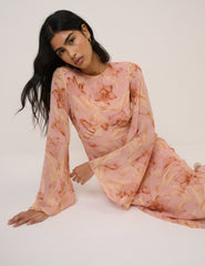 Pembe Çiçek Desenli Phoenix Maxi Boy Elbise