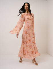 Pembe Çiçek Desenli Phoenix Maxi Boy Elbise