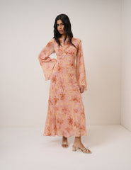 Pembe Çiçek Desenli Phoenix Maxi Boy Elbise