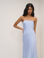 Yumuşak Mavi Saten Straplez Arden Maxi Boy Elbise