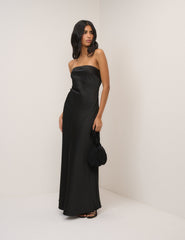 Siyah Saten Straplez Arden Maxi Boy Elbise