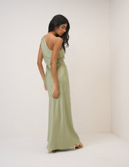 Sage Saten Tek Omuz Sloane Maxi Boy Elbise