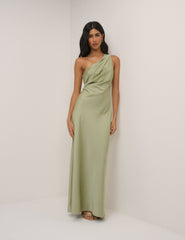 Sage Saten Tek Omuz Sloane Maxi Boy Elbise