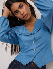 Mavi Denim Fırfırlı Uzun Kollu Bluz