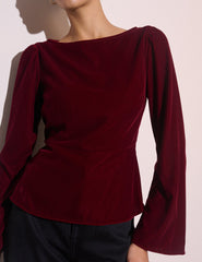 Bordo Fluted Kollu Kadife Eva Bluz