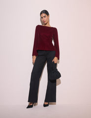 Bordo Fluted Kollu Kadife Eva Bluz
