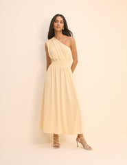 Tereyağı Sarısı Tek Omuzlu Lorena Esnek Jarse Midi Boy Elbise
