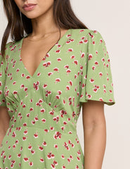 Yeşil Çiçek Desenli Atlas Midi Boy Elbise