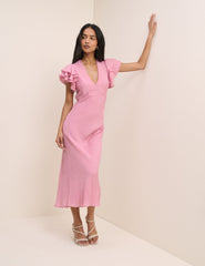Pembe Fırfır Kollu Layla Midi Boy Elbise