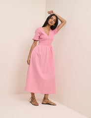 Pembe Gipeli V Yaka Eliza Midi Boy Elbise