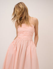 Mercan Pembe Straplez Alice Midi Boy Elbise