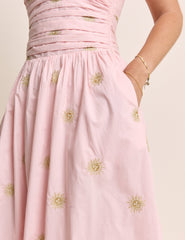 Pembe Sun İşlemeli Straplez Alice Midi Boy Elbise